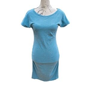 Sundry Striped T-Shirt Dress Ruched Sides Short Sleeve Blue Size 3 =‎ Large